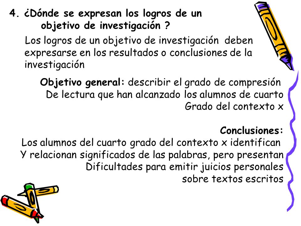 4. ¿Dónde se expresan los logros de un objetivo de investigación
