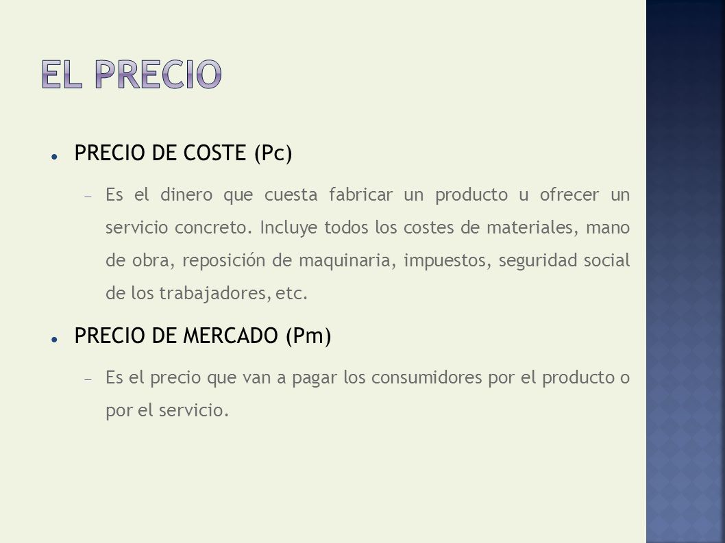 El precio PRECIO DE COSTE (Pc) PRECIO DE MERCADO (Pm)