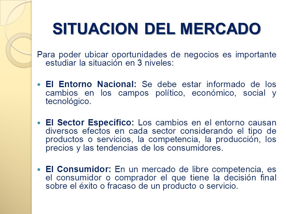 SITUACION DEL MERCADO Para poder ubicar oportunidades de negocios es importante estudiar la situación en 3 niveles: