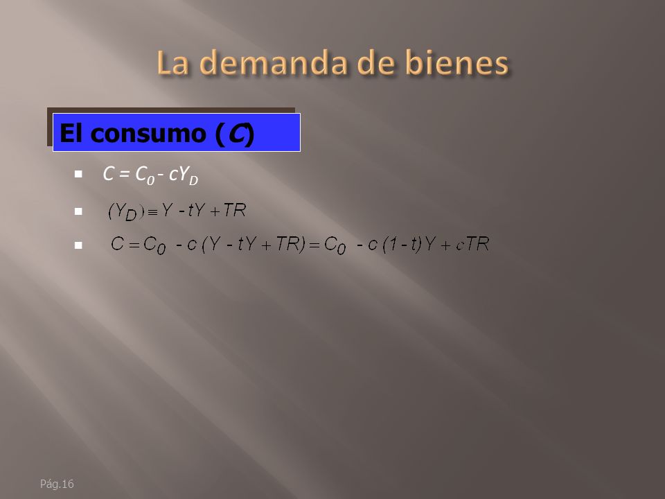 La demanda de bienes El consumo (C) C = C0 - cYD