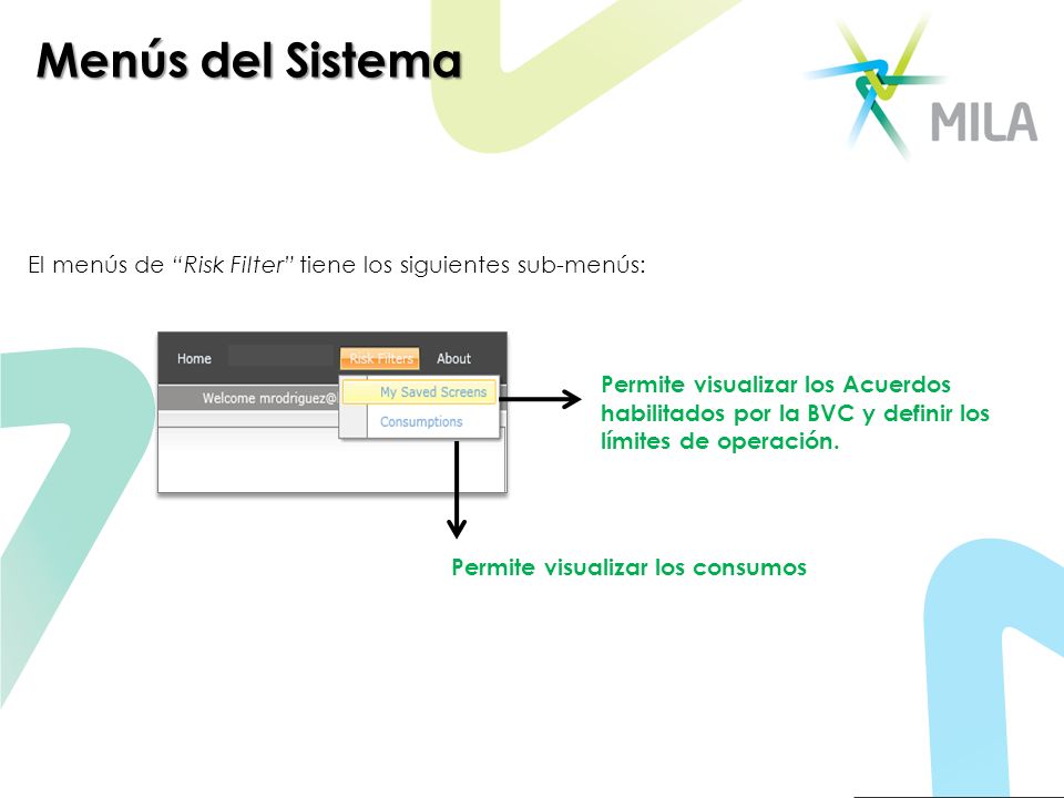 Menús del Sistema El menús de Risk Filter tiene los siguientes sub-menús: