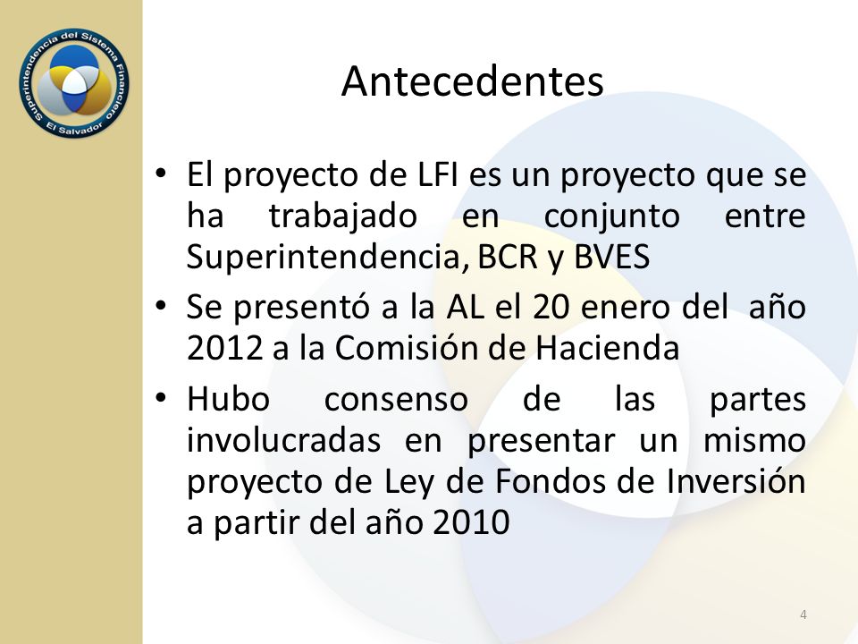 Antecedentes El proyecto de LFI es un proyecto que se ha trabajado en conjunto entre Superintendencia, BCR y BVES.