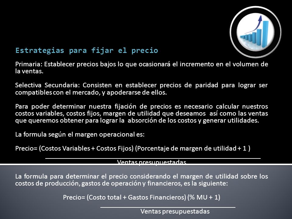 Precio= (Costo total + Gastos Financieros) (% MU + 1)