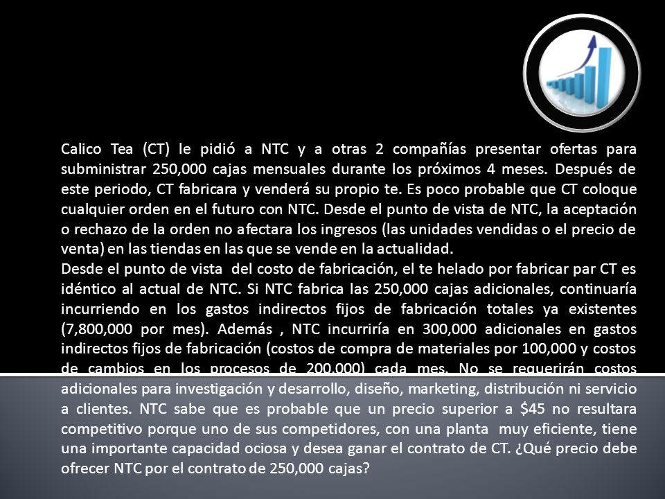Calico Tea (CT) le pidió a NTC y a otras 2 compañías presentar ofertas para subministrar 250,000 cajas mensuales durante los próximos 4 meses. Después de este periodo, CT fabricara y venderá su propio te. Es poco probable que CT coloque cualquier orden en el futuro con NTC. Desde el punto de vista de NTC, la aceptación o rechazo de la orden no afectara los ingresos (las unidades vendidas o el precio de venta) en las tiendas en las que se vende en la actualidad.