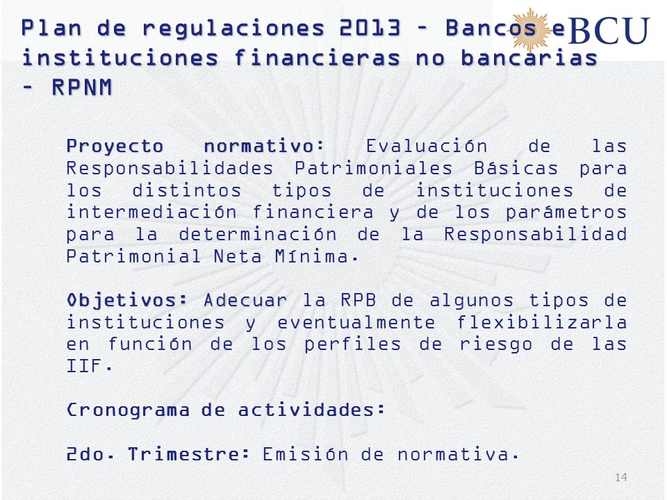 Plan de regulaciones 2013 – Bancos e instituciones financieras no bancarias – RPNM