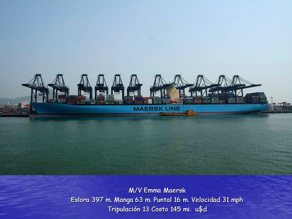 Eslora 397 m. Manga 63 m. Puntal 16 m. Velocidad 31 mph