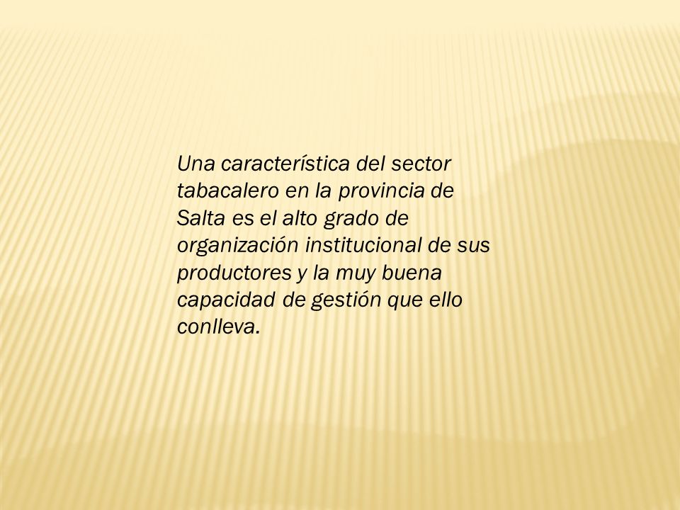 Una característica del sector tabacalero en la provincia de Salta es el alto grado de organización institucional de sus productores y la muy buena capacidad de gestión que ello conlleva.