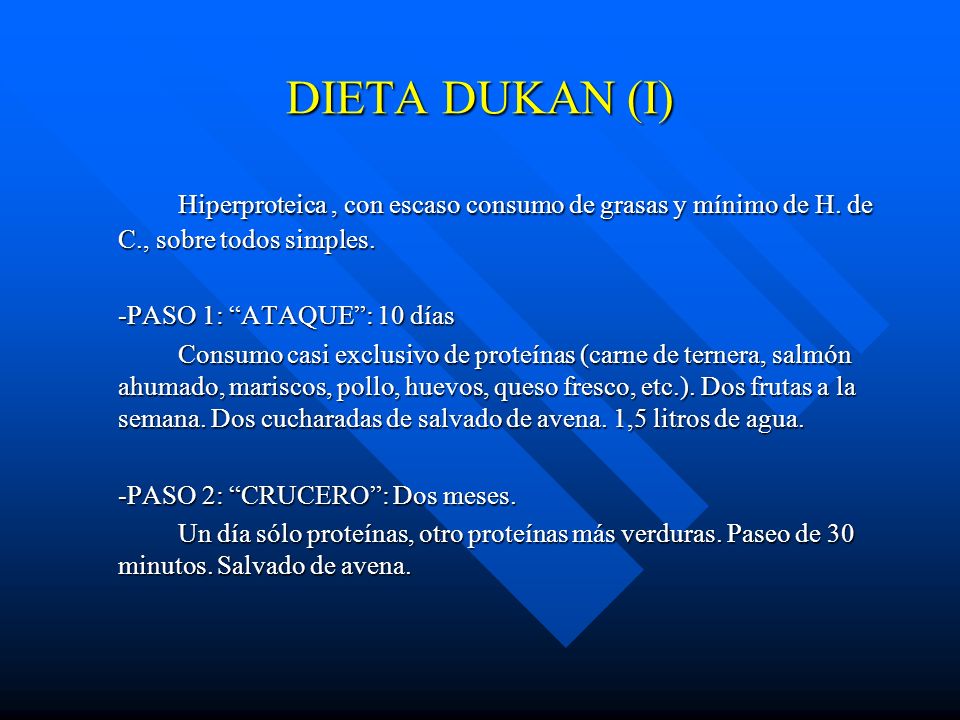 DIETA DUKAN (I) Hiperproteica , con escaso consumo de grasas y mínimo de H. de C., sobre todos simples.