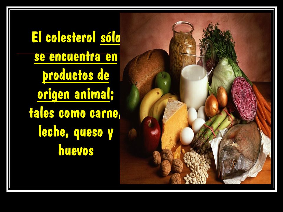 El colesterol sólo se encuentra en productos de origen animal; tales como carne, leche, queso y huevos