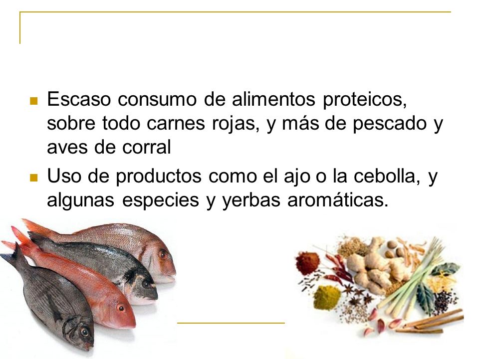 Escaso consumo de alimentos proteicos, sobre todo carnes rojas, y más de pescado y aves de corral