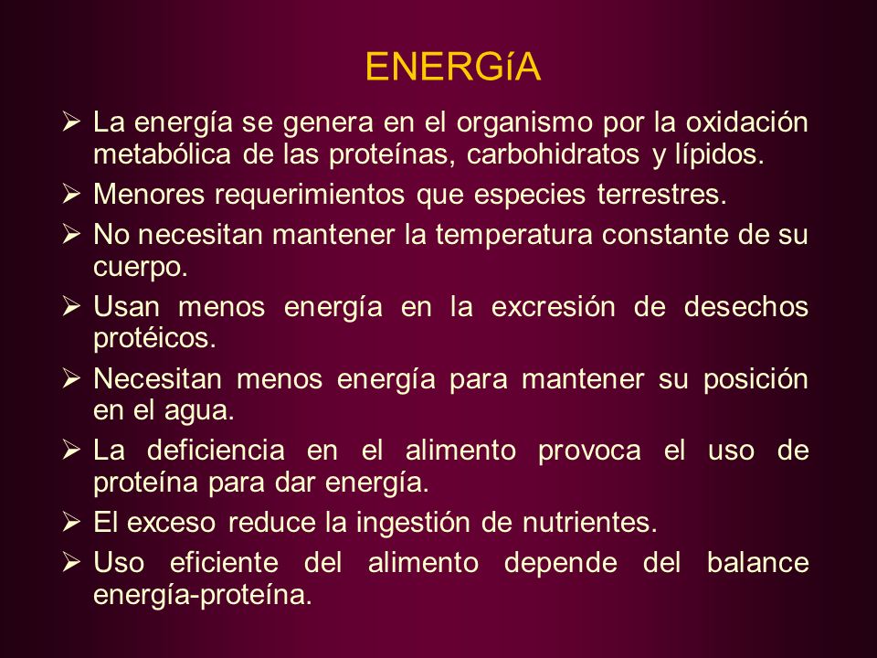 ENERGíA La energía se genera en el organismo por la oxidación metabólica de las proteínas, carbohidratos y lípidos.