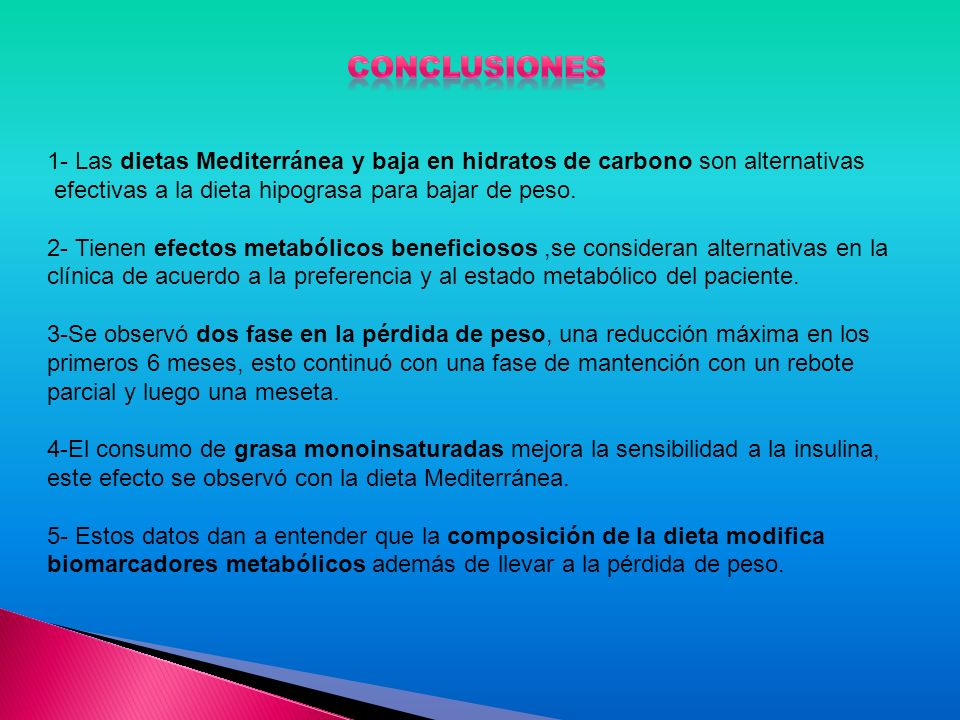 CONCLUSIONES 1- Las dietas Mediterránea y baja en hidratos de carbono son alternativas. efectivas a la dieta hipograsa para bajar de peso.