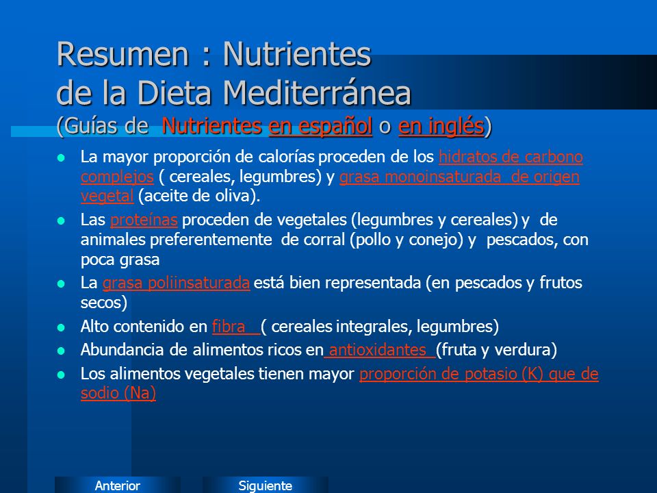 Resumen : Nutrientes de la Dieta Mediterránea (Guías de Nutrientes en español o en inglés)