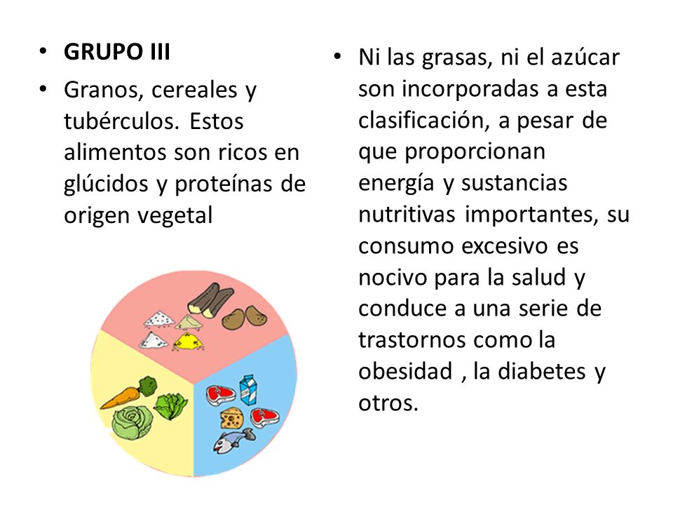 GRUPO III Granos, cereales y tubérculos. Estos alimentos son ricos en glúcidos y proteínas de origen vegetal.