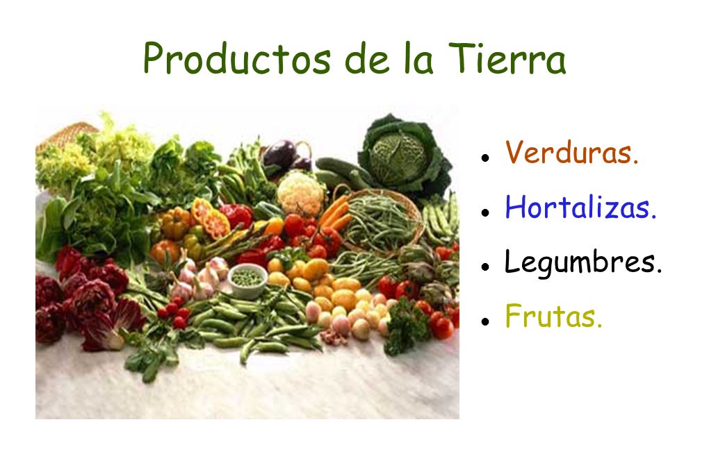 Productos de la Tierra Verduras. Hortalizas. Legumbres. Frutas.