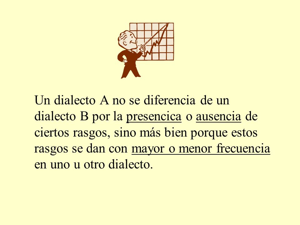 Un dialecto A no se diferencia de un dialecto B por la presencica o ausencia de ciertos rasgos, sino más bien porque estos rasgos se dan con mayor o menor frecuencia en uno u otro dialecto.