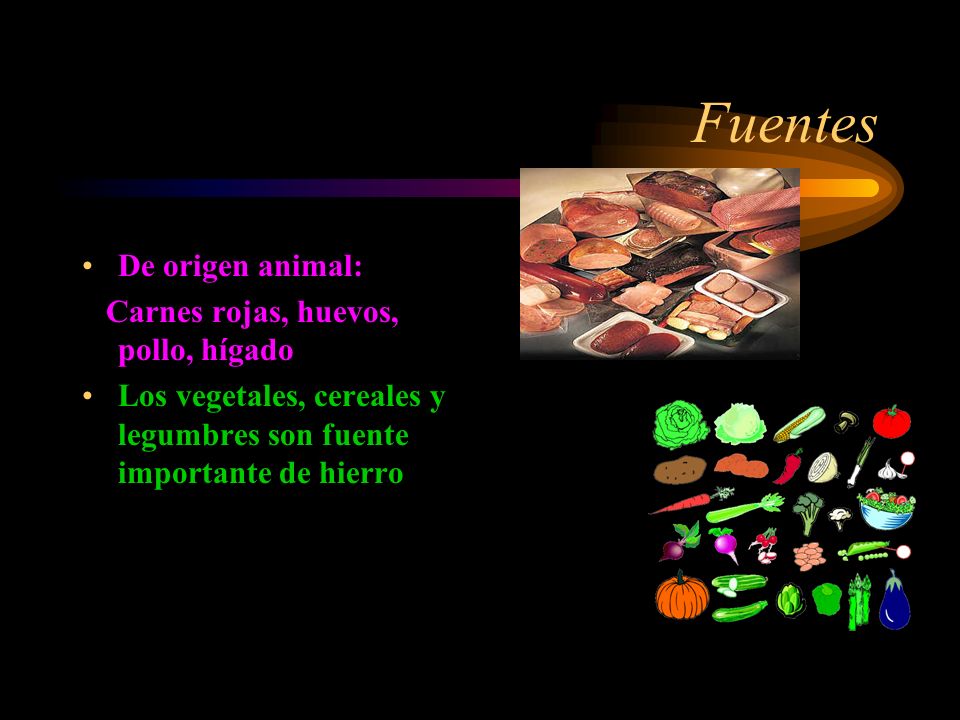 Fuentes De origen animal: Carnes rojas, huevos, pollo, hígado