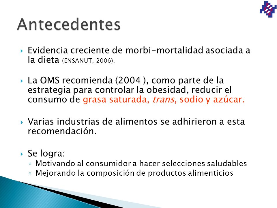Antecedentes Evidencia creciente de morbi-mortalidad asociada a la dieta (ENSANUT, 2006).