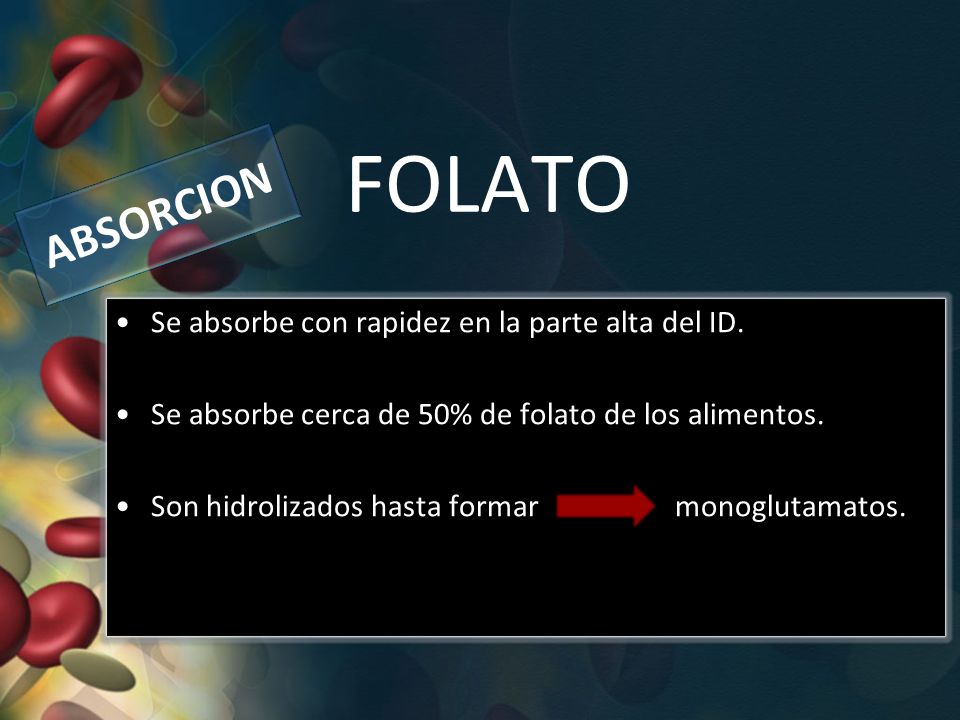 FOLATO ABSORCION Se absorbe con rapidez en la parte alta del ID.
