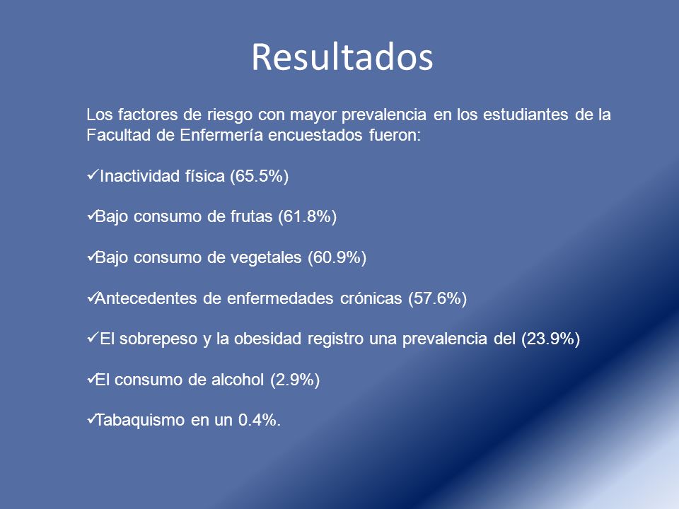 Resultados Los factores de riesgo con mayor prevalencia en los estudiantes de la Facultad de Enfermería encuestados fueron: