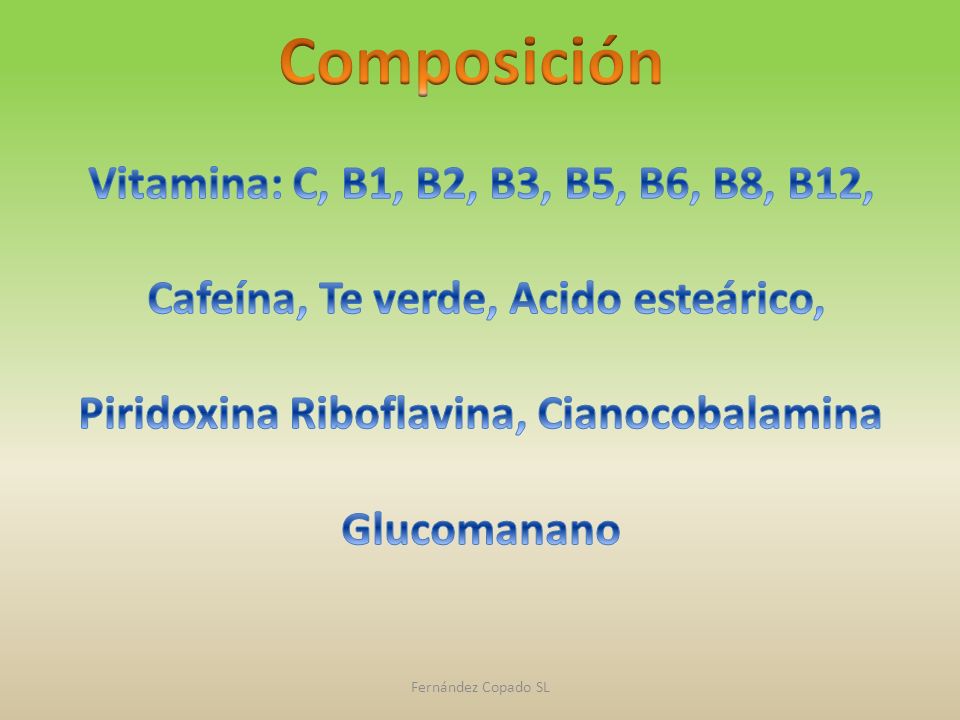 Composición Vitamina: C, B1, B2, B3, B5, B6, B8, B12,
