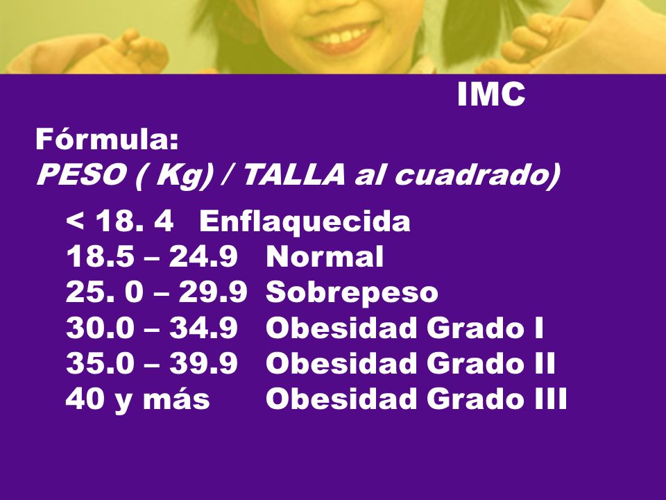 IMC Fórmula: PESO ( Kg) / TALLA al cuadrado) < Enflaquecida
