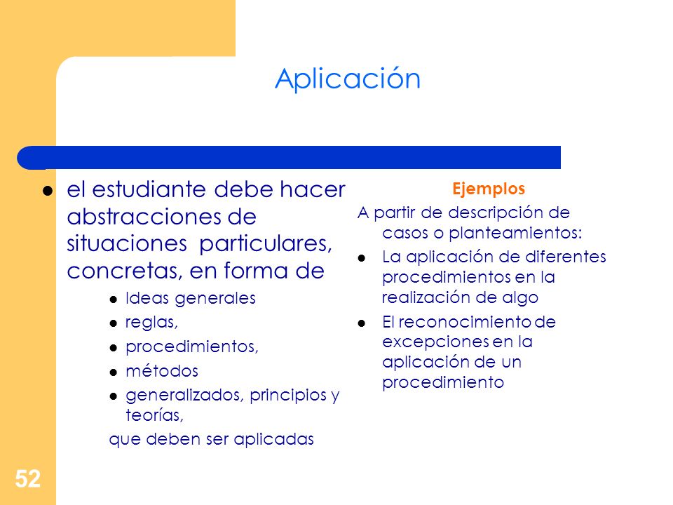 Aplicación el estudiante debe hacer abstracciones de situaciones particulares, concretas, en forma de.