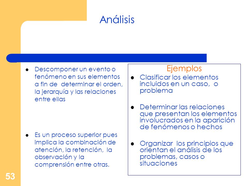 Análisis Descomponer un evento o fenómeno en sus elementos a fin de determinar el orden, la jerarquía y las relaciones entre ellas.