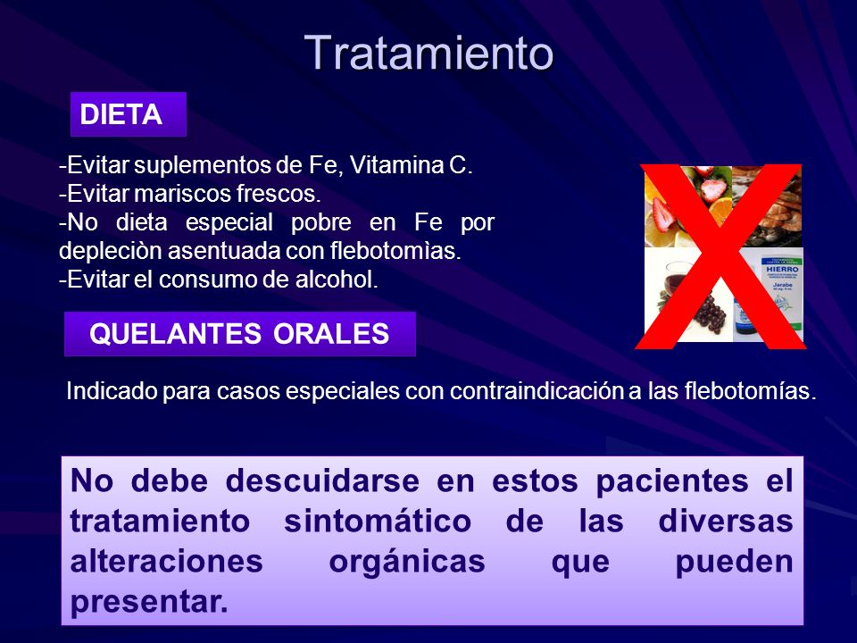 Tratamiento x. DIETA. -Evitar suplementos de Fe, Vitamina C. -Evitar mariscos frescos.