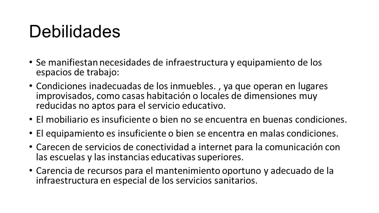 Debilidades Se manifiestan necesidades de infraestructura y equipamiento de los espacios de trabajo: