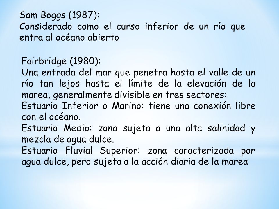 Sam Boggs (1987): Considerado como el curso inferior de un río que entra al océano abierto. Fairbridge (1980):