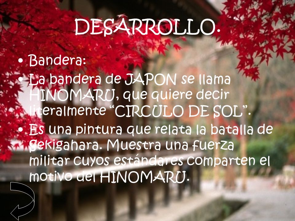 DESARROLLO. Bandera: La bandera de JAPON se llama HINOMARU, que quiere decir literalmente CIRCULO DE SOL .