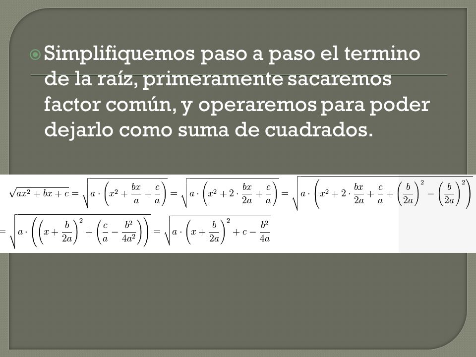 Simplifiquemos paso a paso el termino de la raíz, primeramente sacaremos factor común, y operaremos para poder dejarlo como suma de cuadrados.