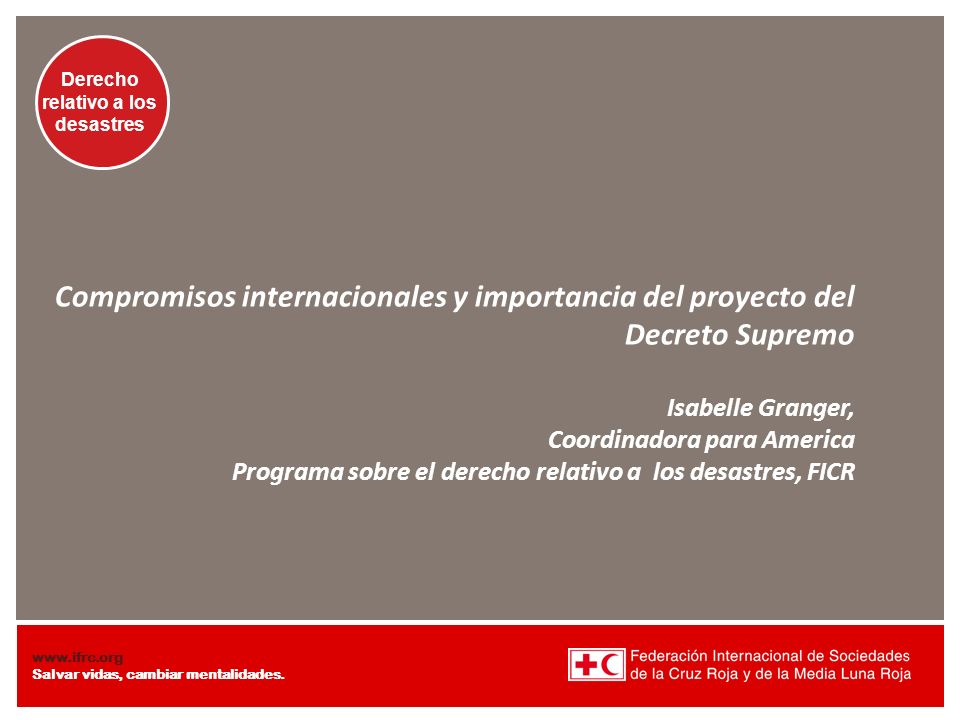 Compromisos internacionales y importancia del proyecto del Decreto Supremo Isabelle Granger, Coordinadora para America Programa sobre el derecho relativo a los desastres, FICR