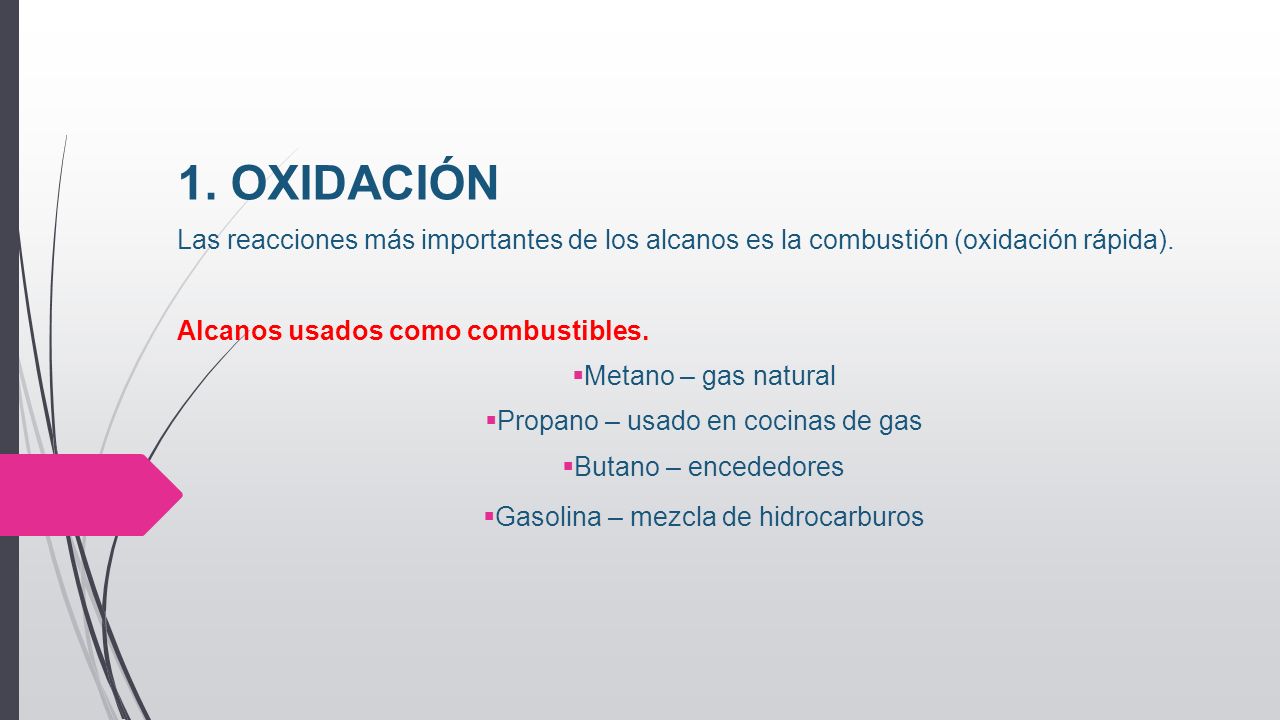 1. OXIDACIÓN Las reacciones más importantes de los alcanos es la combustión (oxidación rápida). Alcanos usados como combustibles.