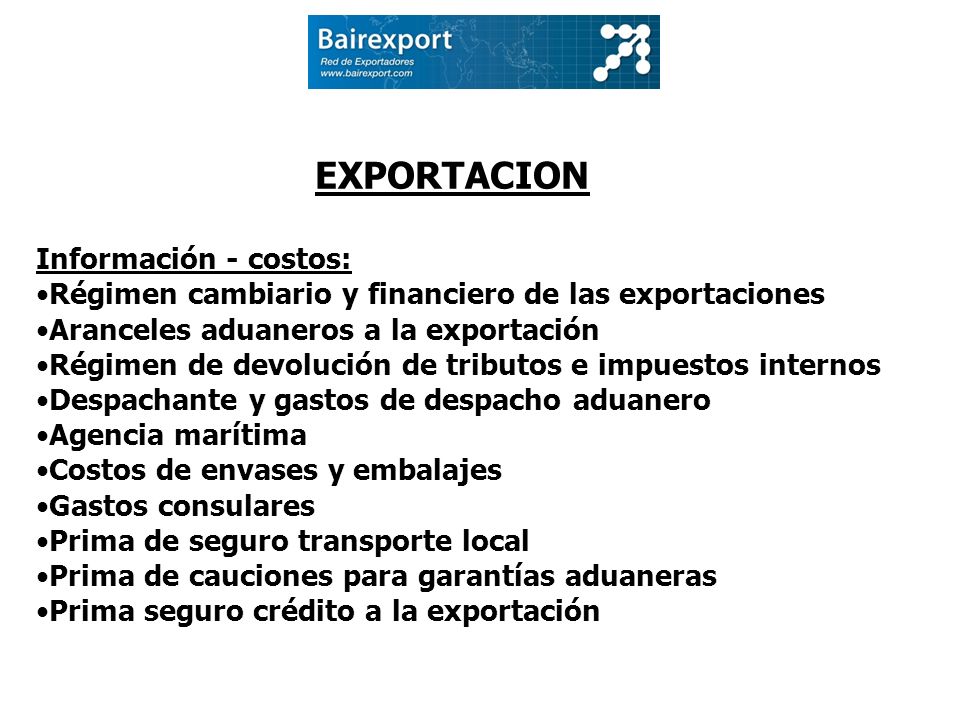 EXPORTACION Información - costos: