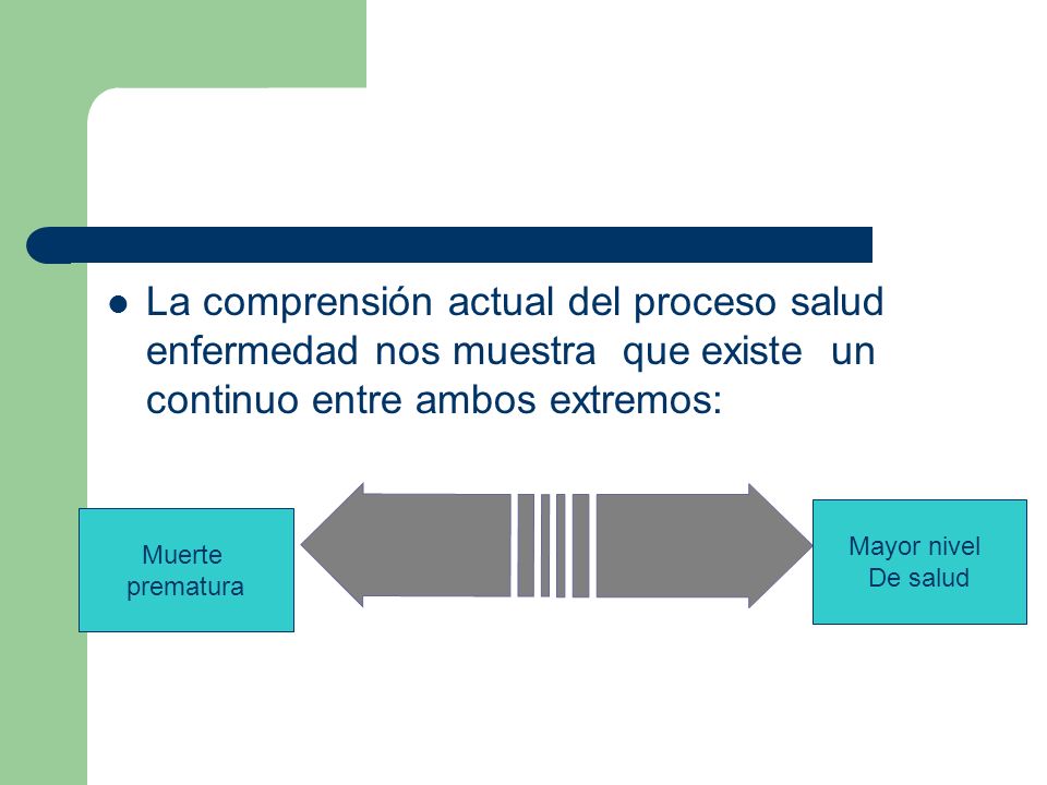 La comprensión actual del proceso salud enfermedad nos muestra que existe un continuo entre ambos extremos:
