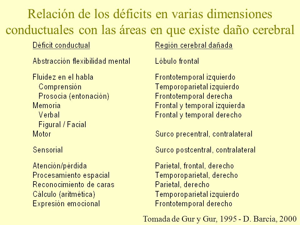 Relación de los déficits en varias dimensiones conductuales con las áreas en que existe daño cerebral