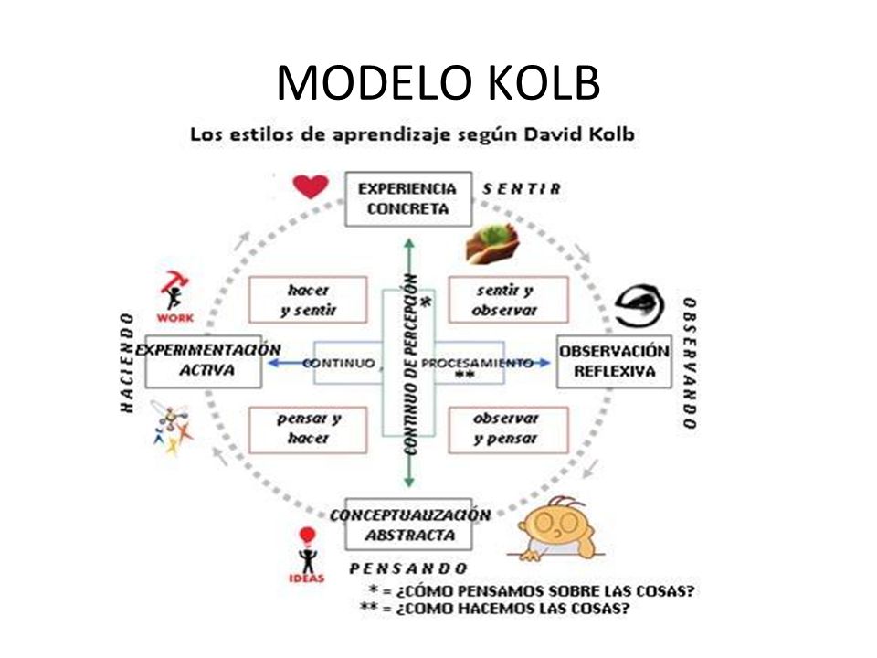 MODELO KOLB Supone que para aprender algo, debemos trabajar o procesar la información que recibimos. Kolb dice que, por un lado podemos partir: