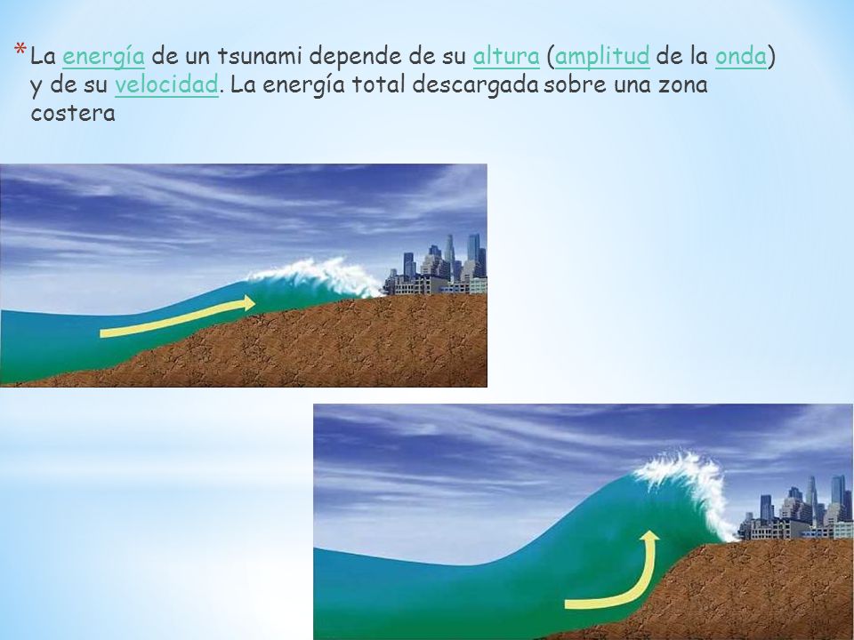 La energía de un tsunami depende de su altura (amplitud de la onda) y de su velocidad.