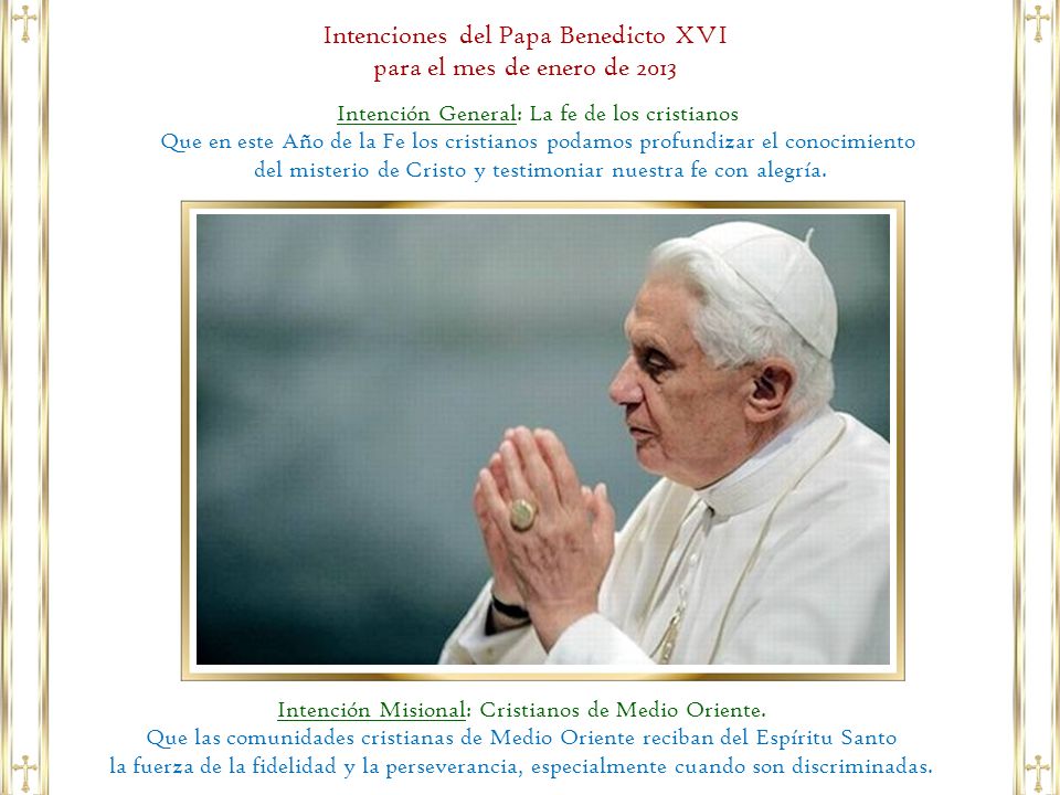 Intenciones del Papa Benedicto XVI para el mes de enero de 2013