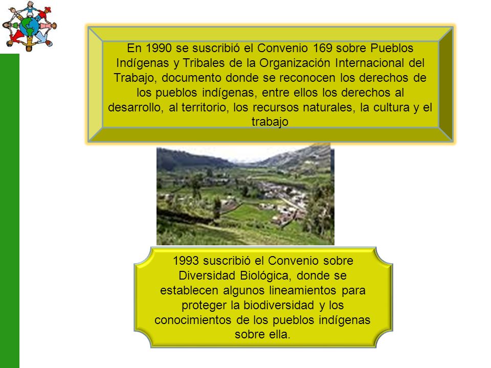 En 1990 se suscribió el Convenio 169 sobre Pueblos Indígenas y Tribales de la Organización Internacional del Trabajo, documento donde se reconocen los derechos de los pueblos indígenas, entre ellos los derechos al desarrollo, al territorio, los recursos naturales, la cultura y el trabajo