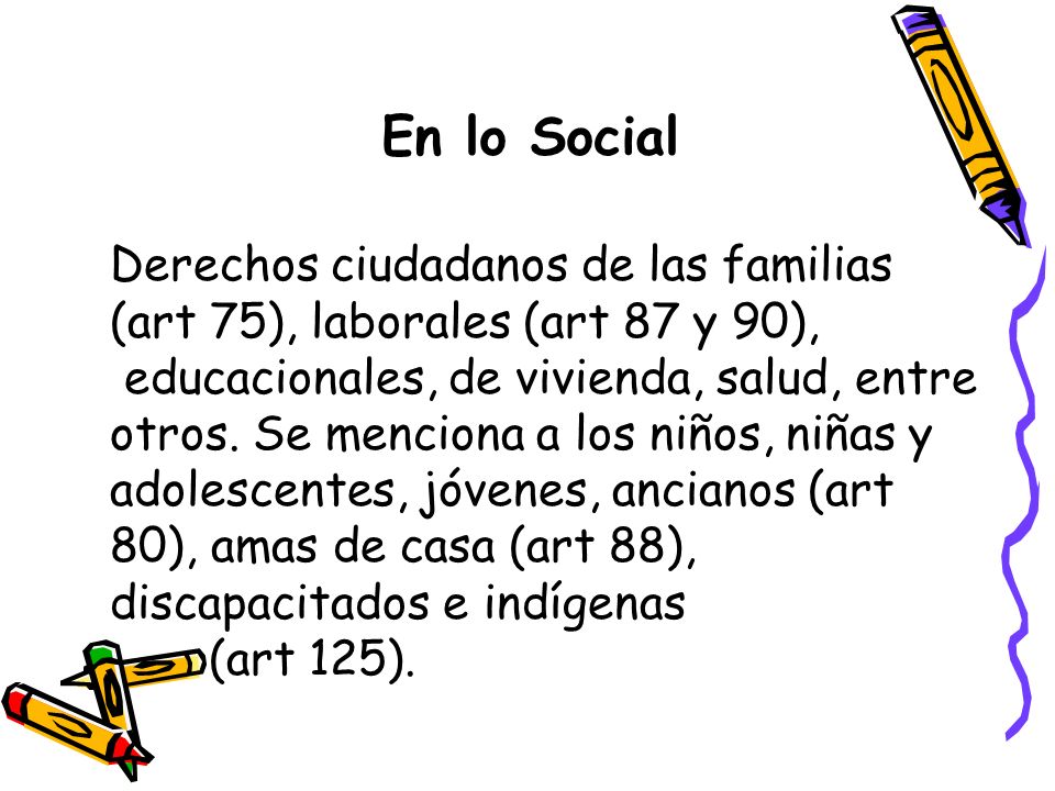 En lo Social Derechos ciudadanos de las familias (art 75), laborales (art 87 y 90),