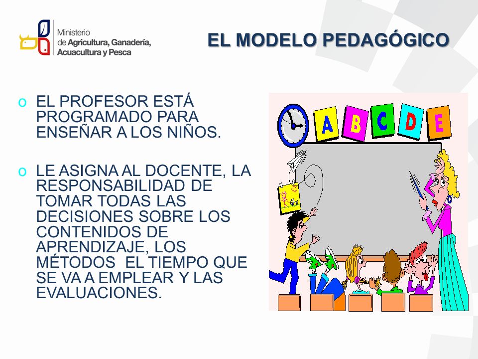 EL MODELO PEDAGÓGICO EL PROFESOR ESTÁ PROGRAMADO PARA ENSEÑAR A LOS NIÑOS.