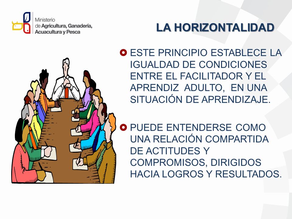 LA HORIZONTALIDAD ESTE PRINCIPIO ESTABLECE LA IGUALDAD DE CONDICIONES ENTRE EL FACILITADOR Y EL APRENDIZ ADULTO, EN UNA SITUACIÓN DE APRENDIZAJE.