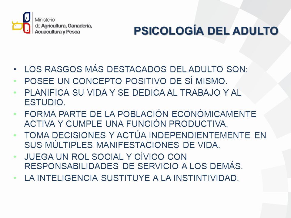 PSICOLOGÍA DEL ADULTO LOS RASGOS MÁS DESTACADOS DEL ADULTO SON: