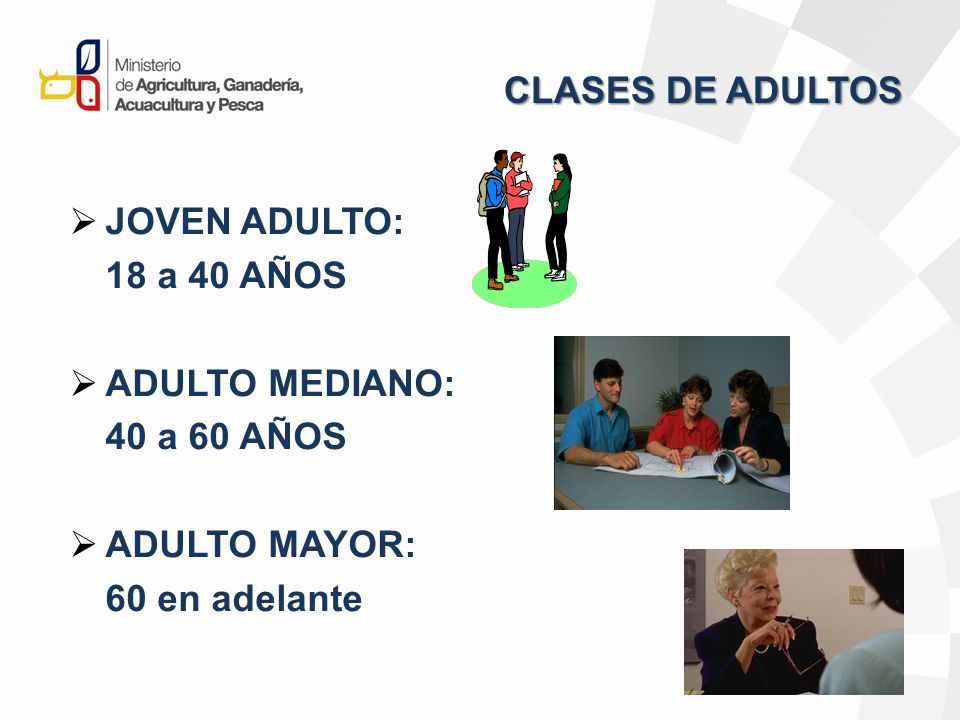 CLASES DE ADULTOS JOVEN ADULTO: 18 a 40 AÑOS. ADULTO MEDIANO: 40 a 60 AÑOS.