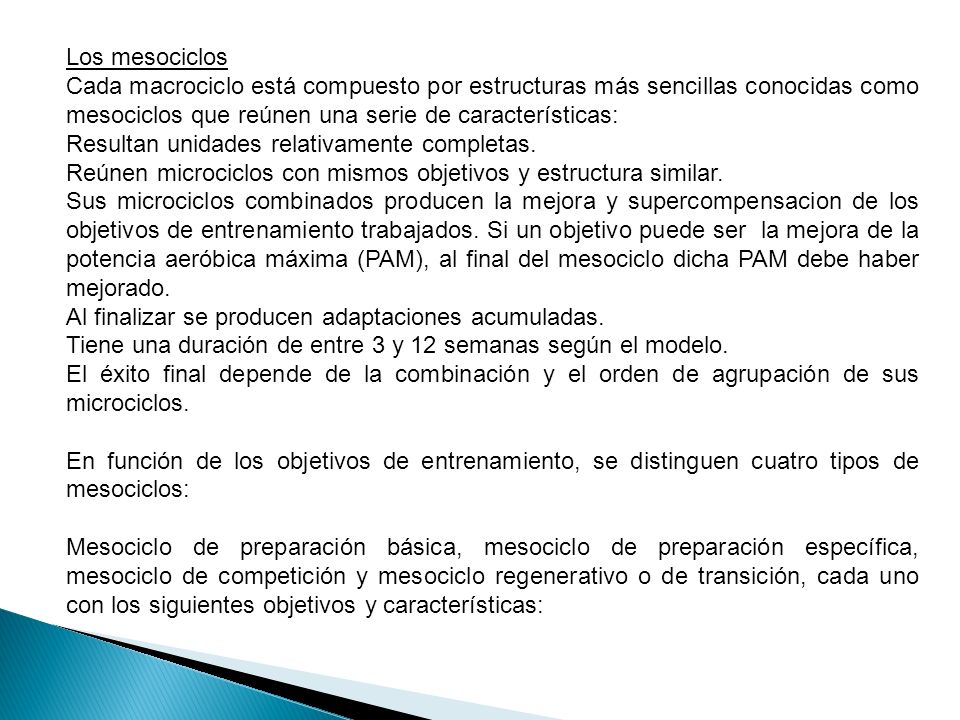Los mesociclos Cada macrociclo está compuesto por estructuras más sencillas conocidas como mesociclos que reúnen una serie de características: