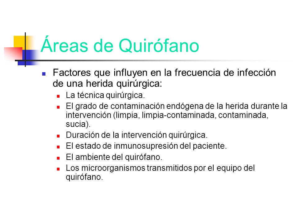 Áreas de Quirófano Factores que influyen en la frecuencia de infección de una herida quirúrgica: La técnica quirúrgica.