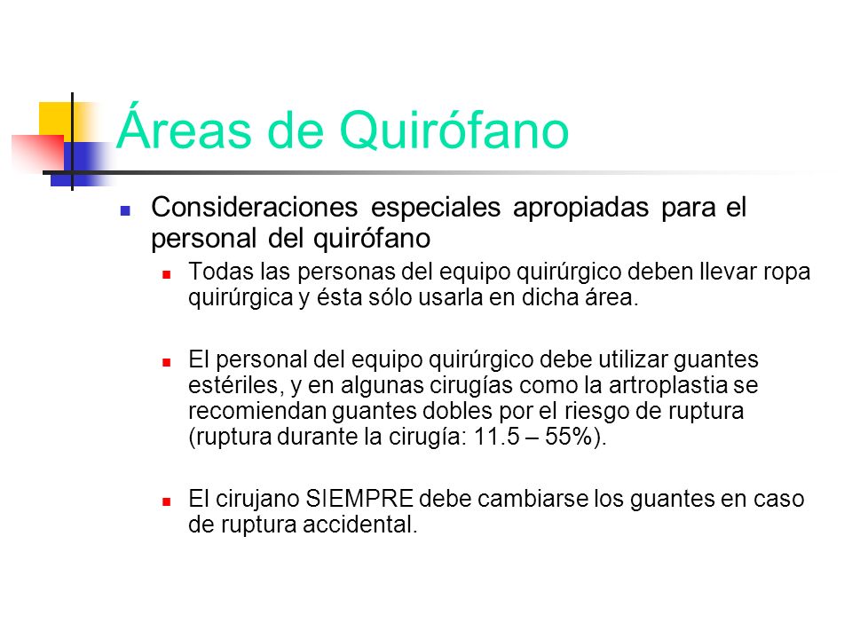 Áreas de Quirófano Consideraciones especiales apropiadas para el personal del quirófano.